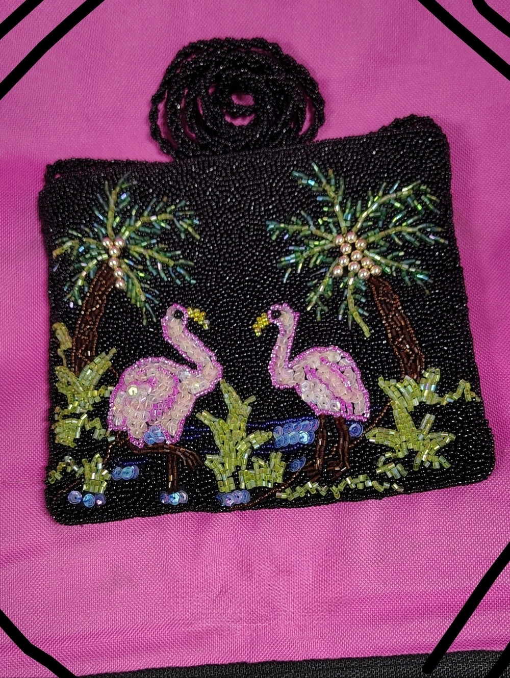 Beaded Exotic Flamingo Crossbody Bag - Black w Tropical Palm Trees NWOT